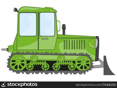 Vector illustration of the cartoon crawer with shovel. Crawer tractor on white background is insulated