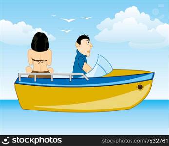 Vector illustration of the cartoon of the girl and men on sailboat in ocean. Man and woman sail on motorboat seaborne