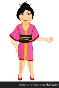 Vector illustration of the cartoon of the japanese girl in national suit kimono. Making look younger asiatic girl in cloth kimono