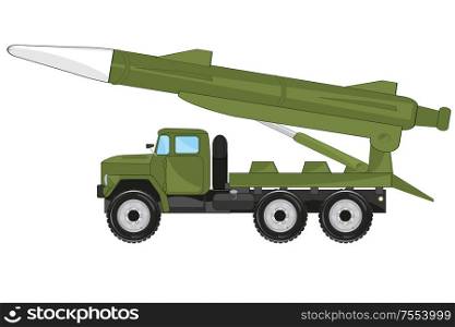 Vector illustration of the cartoon of the military car with missile installation. Special military car with missile installation on basket