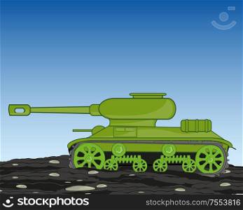 Vector illustration of the cartoon of the military technology tank moving on ground. Military technology tank goes on dirt and stone