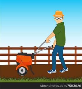 Vector illustration of the cartoon of the person with walking tractor working at vegetable garden. Man with walking tractor works at area