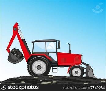 Vector illustration of the cartoon of the tractor digging ground by scoop. Tractor with scoop and shovel digs land