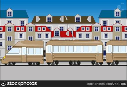 Vector illustration of the cartoon of the train on background of the city. Passenger train with coach arrives in small city