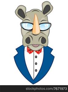 Vector illustration of the cartoon of the wildlife rhinoceros in suit. Portrait animal rhinoceros in suit on white background is insulated