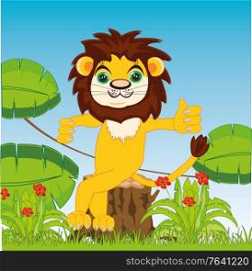 Vector illustration of the cartoon reigning beasts lion in jungle. Cartoon animal lion in jungle sitting on stump