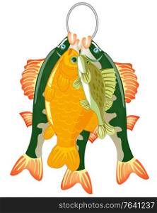 Vector illustration of the catch from caughted river fish. Caughted catch of fish on white background is insulated