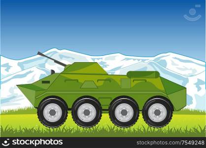 Vector illustration of the combat machine on year glade and mountains. Military transport with weapon on background of the nature