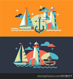 Vector illustration of the concept of sea. The sailboat, lighthouse, anchor, ship bell, captain s hat.
