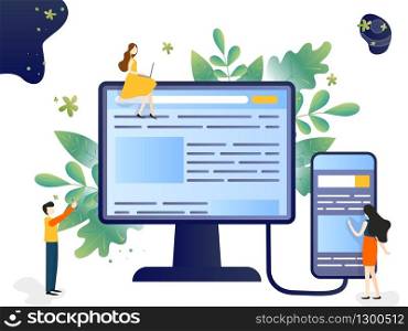 Vector illustration of the concept of web page design and development of mobile websites, small people are working on creating a website, applications, transferring information.. Vector illustration of the concept of web page design and development of mobile websites