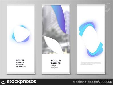 Vector illustration of the editable layout of roll up banner stands, vertical flyers, flags design business templates. Blue color gradient abstract dynamic shapes, colorful geometric template design. Vector illustration of the editable layout of roll up banner stands, vertical flyers, flags design business templates. Blue color gradient abstract dynamic shapes, colorful geometric template design.