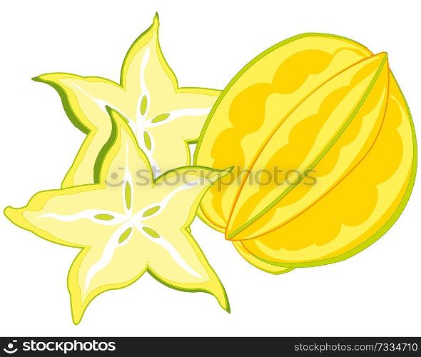 Vector illustration of the exotic tropical fruit carambola. Carambola fruit on white background is insulated