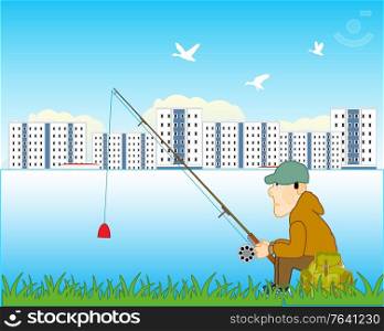 Vector illustration of the fisherman with fishing rod on river. Fisherman on stream with fishing rod for city