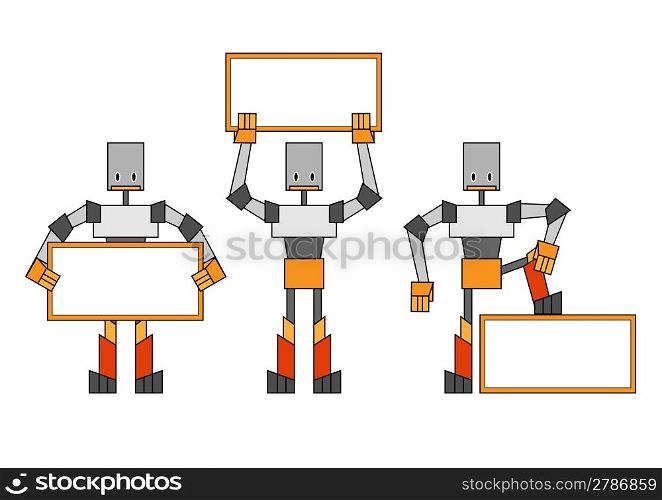Vector illustration of the funky robots holding the placard.