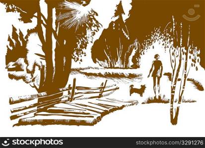 vector illustration of the girl with dog near bridge