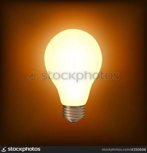 vector illustration of the light bulb brighting with yellow light on the brown background