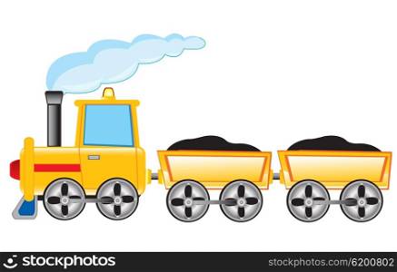 Vector illustration of the locomotive with cargo pushcart. Locomotive carries cargo
