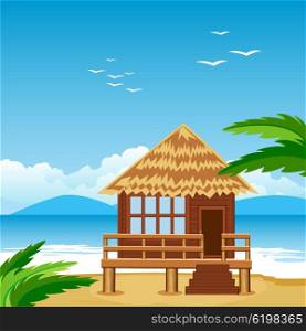 Vector illustration of the lodge on beach beside epidemic deathes. Lodge on beach