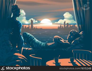 Vector illustration of the lover inside the room with a beautiful sunset in the evening and the silhouette of the city in the background