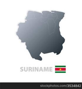 Vector illustration of the map with regions or states and the official flag of Suriname.
