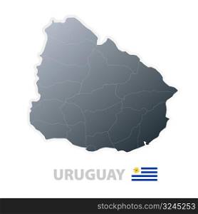 Vector illustration of the map with regions or states and the official flag of Uruguay.