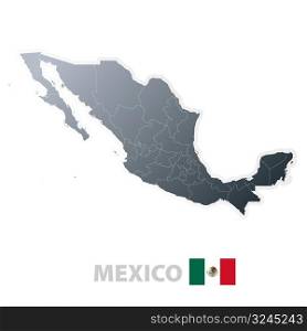 Vector illustration of the map with regions or stes and the official flag of Mexico.