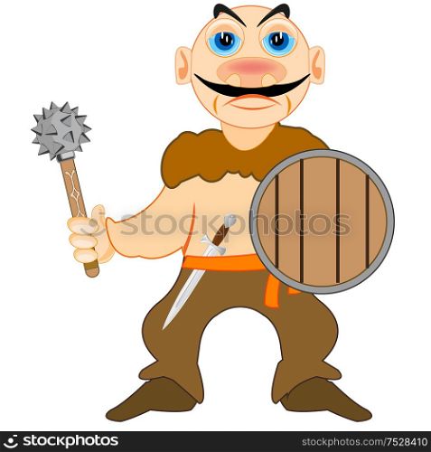 Vector illustration of the medieval warrior of the barbarian with weapon club in hand. Medieval warrior barbarian on white background is insulated