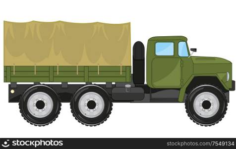 Vector illustration of the military cargo car with basket. Cargo car with basket covered by tarpaulin