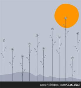 Vector illustration of the moon is going down over the night flowers on grey background