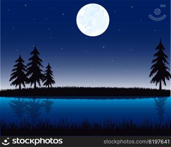 Vector illustration of the night landscape on river