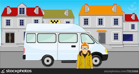 Vector illustration of the passenger car taxi in city. Car taxi on street of the small city