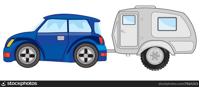 Vector illustration of the passenger car with dwelling trailor by lodge for travel. Car with dwelling trailor on white background is insulated