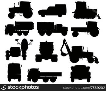 Vector illustration of the special cars and tractor silhouettes. Special transport facilities silhouettes on white background is insulated