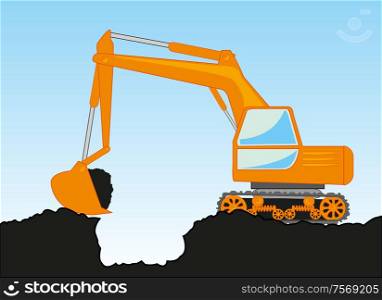 Vector illustration of the special technology excavator digging ground by scoop. Special technology excavator digs pit in ground