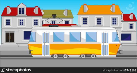 Vector illustration of the street of the city and passenger transport tram. Public transport tram on street of the city
