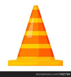 Vector illustration of the striped traffic cone. Cartoon style traffic cone on a white background. Isolated on white background. Road sign.