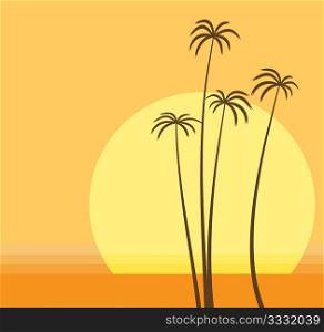 Vector illustration of the sun is going down over the ocean and the palm beach.