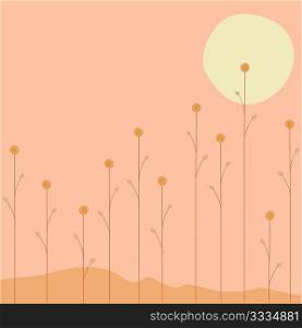 Vector illustration of the sun is going down over the summer flowers on orange background