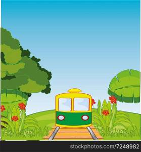 Vector illustration of the train moving on rail on background of the year nature. Rails and train amongst wild nature.Vector illustration