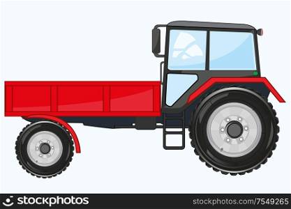Vector illustration of the wheel tractor with basket on white background is insulated. Red tractor on wheel with basket frontal