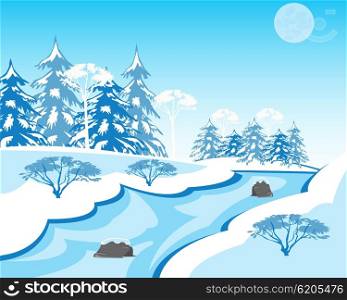 Vector illustration of the winter landscape with stream and wood. River in winter