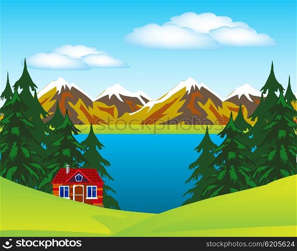 Vector illustration of the year landscape with house beside lake. House beside lake
