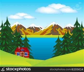 Vector illustration of the year landscape with house beside lake. House beside lake