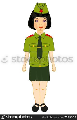 Vector illustration of the young beautiful girl in year military form. Girl military on white background is insulated