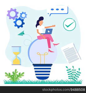 Vector illustration of thinking innovative and creative idea project. Mind imagination work. Research and planning new work with brainstorming, solution search and creativity.