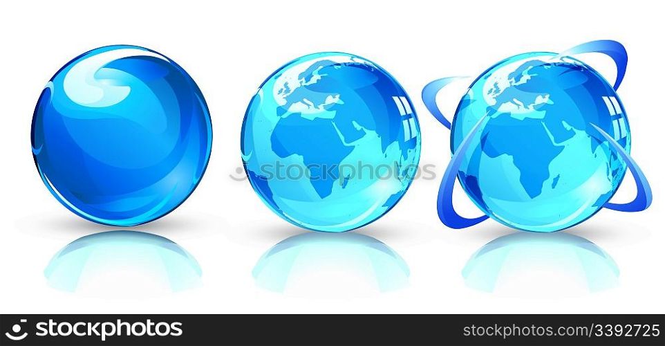 Vector illustration of three blue Glossy Earth Map Globes