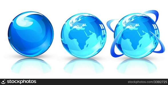Vector illustration of three blue Glossy Earth Map Globes