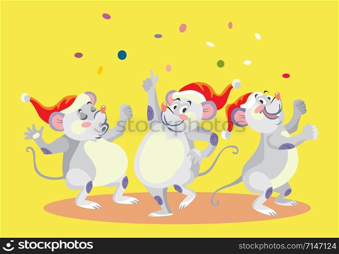 Vector illustration of three cute dancing mouse characters. Vector cartoon stock illustration.Winter holiday, Christmas eve concept. For prints, banners, stickers, cards