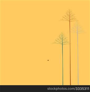 Vector illustration of three lonely autumn trees on yellow background