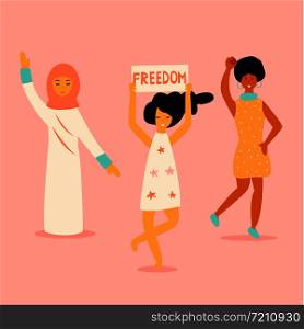 Vector illustration of three protesting young women. Feminine concept and woman empowerment design. Human rights. Vector illustration of three protesting women